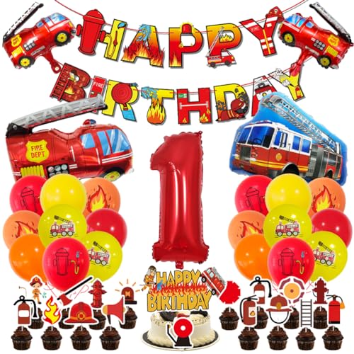 MiaLover Thema Brandbekämpfung Geburtstag Dekoration 1.Geburtstag Luftballon Nummer 1 Ballon Feuerwehrauto-Ballon Tortendekoration für Kinder 1. Geburtstag Party Dekorationen von MiaLover