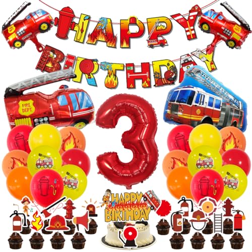 MiaLover Thema Brandbekämpfung Geburtstag Dekoration 3.Geburtstag Luftballon Nummer 3 Ballon Feuerwehrauto-Ballon Tortendekoration für Kinder 3. Geburtstag Party Dekorationen von MiaLover