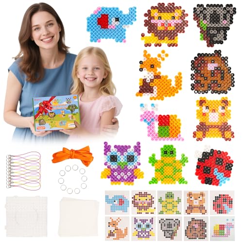 10mm Bügelperlen Groß Set, 1200 Stück bügelperlen maxi, 12 Farben XL Steckperlen mit Platten, 10 Tier Muster, 10 Schlüsselbänder und 3 Bügelpapier, Kreatives Perlenset für Kinder Basteln ab 3 Jahren von Miaglury