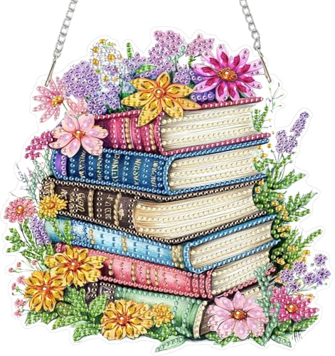 Miaherry Diamond Painting Anhänger, Diamond Painting Türkranz mit Kette 5D Diamant Painting Fensterdeko Hängend Ornament Basteln Set für Wanddecor Blume und Buch von Miaherry