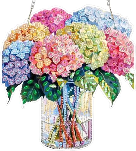 Miaherry DIY Diamond Art Painting Anhänger, Diamond Painting Türkranz mit Kette 5D Diamant Painting Fensterdeko Hängend Ornament Basteln Set für Wanddecor Hortensie von Miaherry