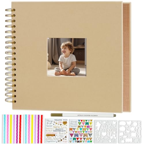Miaikoe 25,5 x 25,5 cm DIY Scrapbook Album mit Fenster Hardcover Kraftpapier Scrap Book mit 40 Blatt Fotoalbum für Gästebuch, Familie Hochzeitstag (Braun) von Miaikoe