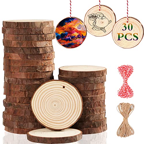 Miaikoe Natürliche Holz Scheiben 30pcs 6-7 cm Unfinished DIY Handwerk vorgebohrt mit Loch Runde Holzkreise für Kunst Rustikale Holz Scheiben Weihnachtsschmuck Dekor von Miaikoe