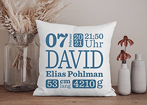 Mialia Babykissen mit Namen modern, Geschenk zur Geburt, Geschenkidee, Taufgeschenk, Geschenke zur Geburt, Geschenk, Namenskissen, Muttertagsgeschenk, inkl. Innenkissen (Blau) von Mialia