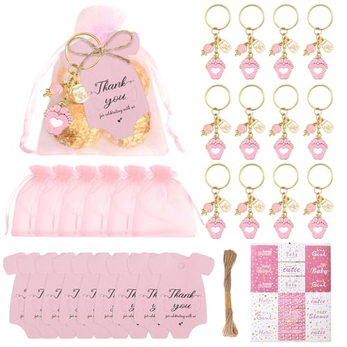 Miaoyak 12 Sets Babyparty-Geschenke, Fußabdruck-Schlüsselanhänger, Geschenke mit Flasche, Lutscher, Organzier-Taschen und Dankeschön-Etiketten, Babyparty-Zubehör von Miaoyak
