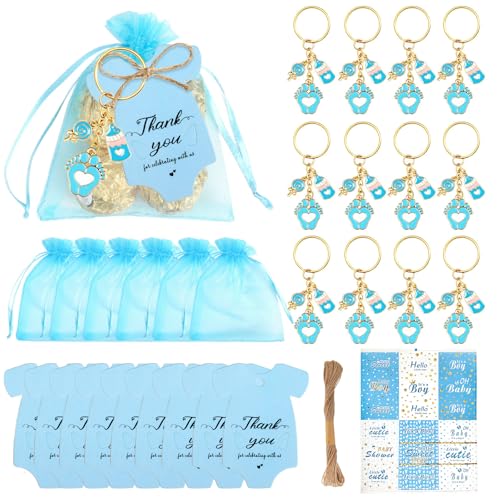 Miaoyak 12 Sets Babyparty-Geschenke, Fußabdruck-Schlüsselanhänger, Geschenke mit Flasche, Lutscher, Organzier-Taschen und Dankeschön-Etiketten, Babyparty-Zubehör von Miaoyak