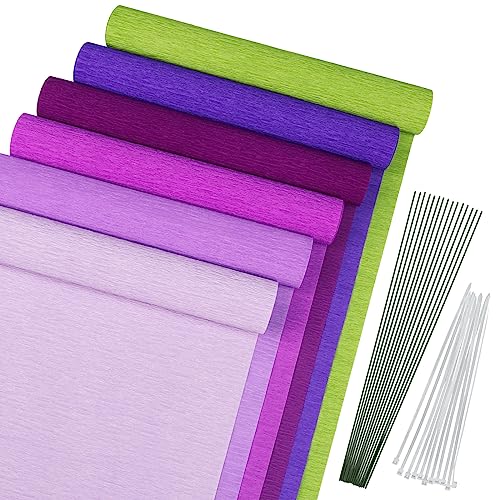 Krepppapier, MicButty 6 Rollen Krepppapier Lila Premium Krepppapiere Crepe Papier kreppband Kreppband Bunt Mit Grünes Kabel,Kabelbinder für Hochzeit, Weihnachten, Valentinstag, Papierhandwerk von MicButty