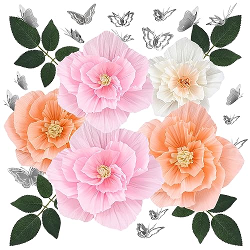 MicButty 5 Stück Papierblumen Wanddekorationen mit Blättern und Schmetterlingen, 3D Papier Blumen für Wand, Hochzeit, Brautparty, Babyparty, Kinderzimmer, Dekoration, Blumenhintergrund, Fotos von MicButty