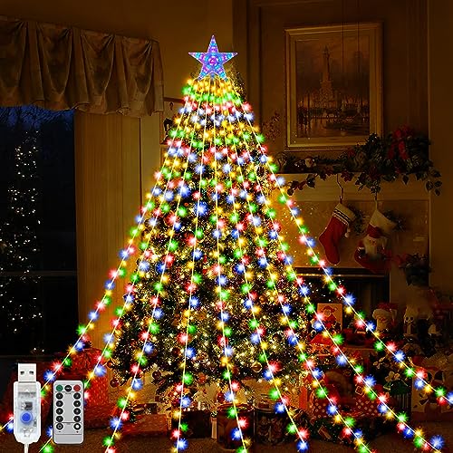 Micacorn LED Wasserfall Lichterkette Stern 2M 9 Stränge 198 LED USB Lichterkette Weihnachtsbaum mit Topper Stern 8 Modi Wasserdichte Lichterkette mit Fernbedienung für Garten Hochzeitsdekoration von Micacorn