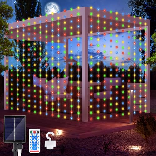 Solar Lichterketten Aussen, Solar Lichtervorhang 3Mx3M 300 LED Wasserfall Lichterkette 8 Modi Wasserdichte Vorhang Lichter mit Fernbedienung für Weihnachten Hochzeit Party Garten Dekorationen von Micacorn