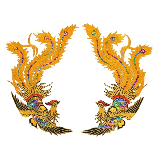 Michear 1 Paar Phoenix Aufnäher zum Aufbügeln – bestickte Pailletten-Applikation für Kleidung, Taschen, DIY Handwerk, zum Aufnähen oder Wärmetransfer, 39 x 25 cm (gelb, 39 x 25 cm) von Michear