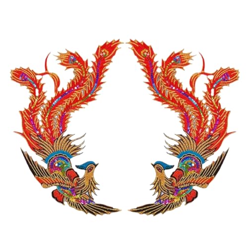 Michear 1 Paar Phoenix Bügelbild, bestickte Pailletten-Applikation für Kleidung, Taschen, DIY Handwerk, zum Aufnähen oder Wärmetransfer, 39 x 25 cm (Rot, 39 x 25 cm) von Michear