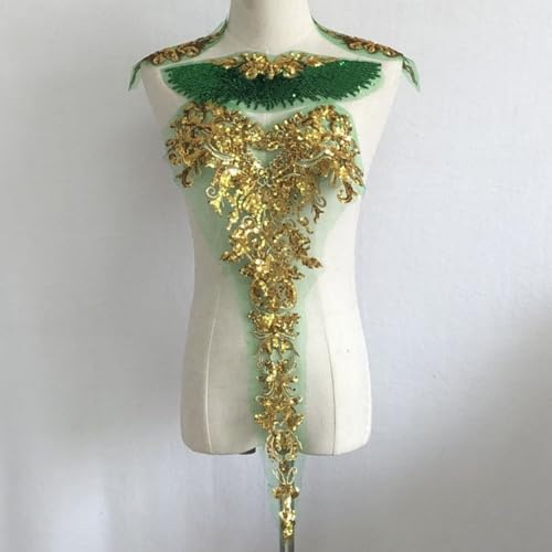 Michear Goldene Pailletten Spitze Stickerei Patches – Aufbügeln/Aufnähen Stoff Patch – Vintage Floral Applique für Kleidung, DIY Handwerk (Grün) von Michear