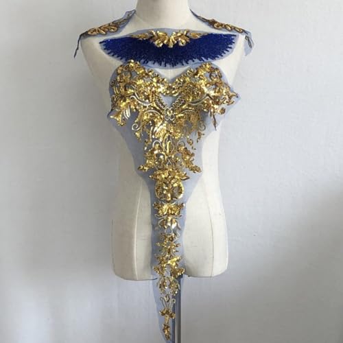 Michear Goldene Pailletten Spitze Stickerei Patches – Aufbügeln/Aufnähen Stoff Patch – Vintage Floral Applique für Kleidung, DIY Handwerk (Königsblau) von Michear