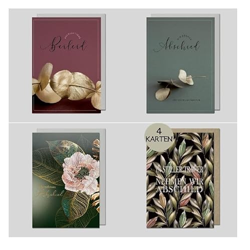 Michel Verlag 4er Set Trauerkarten Set Beileidskarten mit Umschlag - Hochwertig - Kondolenzkarte Beileid Trauer - Klappkarten als Set - MADE IN GERMANY (Blätter dunkel) von Michel Verlag