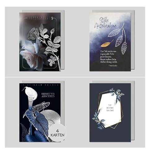 Michel Verlag 4er Set Trauerkarten Set Beileidskarten mit Umschlag - Hochwertig - Kondolenzkarte Beileid Trauer - Klappkarten als Set - MADE IN GERMANY (Blau & Schwarz) von Michel Verlag