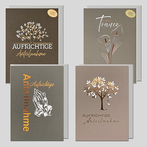Michel Verlag 4er Set Trauerkarten Set Beileidskarten mit Umschlag - Hochwertig - Kondolenzkarte Beileid Trauer - Klappkarten als Set - MADE IN GERMANY (Laser) von Michel Verlag