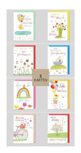 Michel Verlag 8er Glückwunschkarten Set mit Umschlag FRÖHLICH-FREUNDLICH - Hochwertig - Glückwunschkarte Geburtstag - Klappkarten als Set für Männer und Frauen - MADE IN GERMANY! von Michel Verlag
