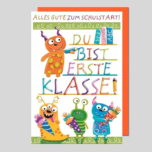 Michel Verlag Bunte Glückwunschkarte zum SCHULANFANG MONSTER für Jungen & Mädchen | Format 17x12cm | Lustige Klappkarte mit Umschlag | Karte Einschulung, liebevoll & kindgerecht | Made in Germany von Michel Verlag