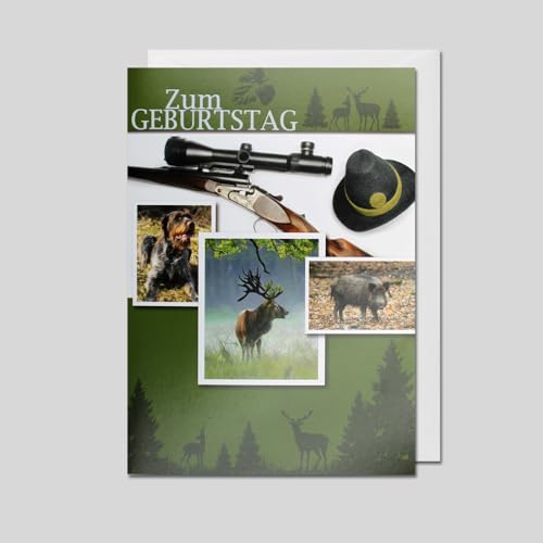 Michel Verlag Edle Glückwunschkarte ZUM GEBURTSTAG für Jagd Jäger Flinte Büchse Jagdhorn Naturliebhaber. Klappkarte mit Folienprägung, Format 12x17cm, inkl. Umschlag. Made in Germany! (Büchse/Hirsch) von Michel Verlag