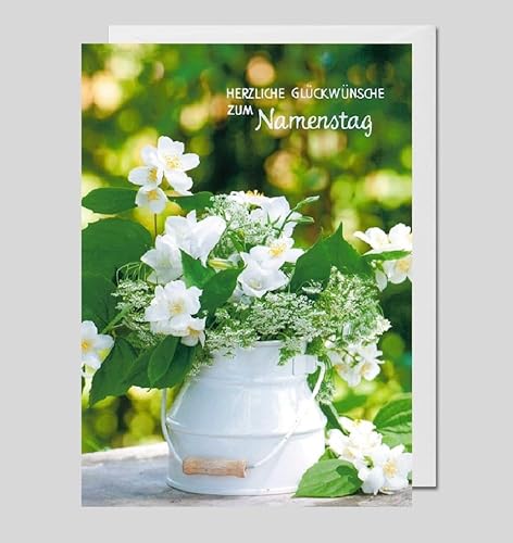 Michel Verlag Elegante Glückwunschkarte Zum NAMENSTAG | Klappkarte liebevoll gestaltet | Grußkarte zum Gedenktag Heilige, für Freunde Familie Kollegen | inkl. Umschlag, 17x12cm (Weiße Blumen) von Michel Verlag