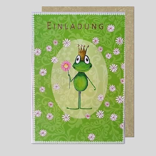Michel Verlag Fröhliche Klappkarte EINLADUNG. Hochwertige Einladungskarte Frosch mit Blume für Einladung zu Geburtstag Hochzeit Taufe Feier, inkl. passendem Umschlag. 17x12cm. Made in Germany von Michel Verlag