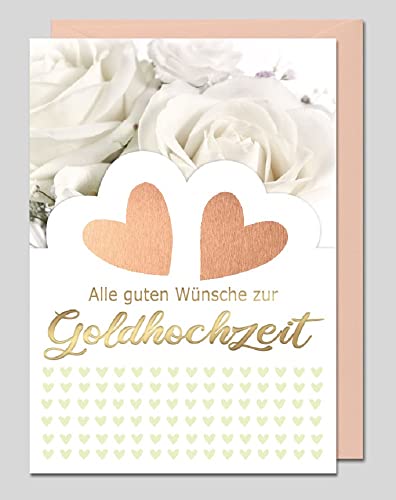 Michel Verlag Glückwunschkarte GOLDHOCHZEIT 50 – Klappkarte Goldene Hochzeit inkl. Umschlag Jubiläumspaar, Jubiläumskarte 50. Hochzeitstag – hochwertige Karte zum 50 Ehejubiläum (Gold Herzen) von Michel Verlag