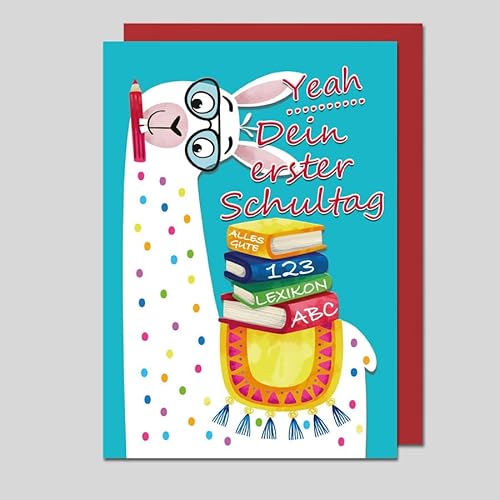 Michel Verlag Glückwunschkarte zum SCHULANFANG MONSTER TIERE für Jungen & Mädchen | Format 17x12cm | Klappkarte mit Umschlag | Karte Einschulung Schulbeginn 1.Schultag | Made in DE (Lama) von Michel Verlag
