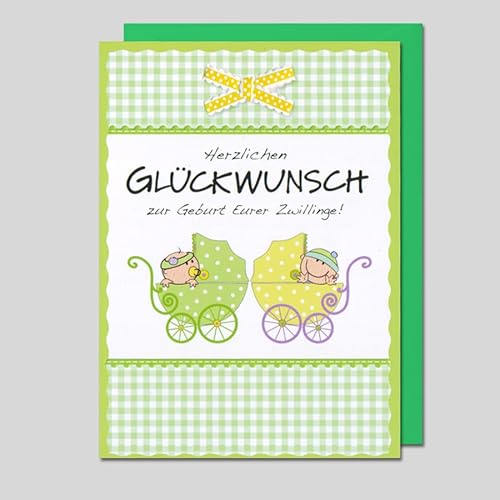 Michel Verlag Glückwunschkarte zur GEBURT ZWILLINGE BABY | Klappkarte inkl. Umschlag Mehrlinge Zwillingsgeburt Jungen, Mädchen oder gemischt | Geschenkidee zur Geburt Nachwuchs | 12x17cm (Kinderwagen) von Michel Verlag