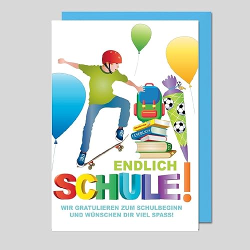 Michel Verlag Grußkarte zur Einschulung Junge – Glückwunschkarte zum SCHULANFANG Schulstart – Klappkarte mit Umschlag – ABC-Schütze 1. Klasse – Made in Germany – liebevolles Jungen-Design von Michel Verlag