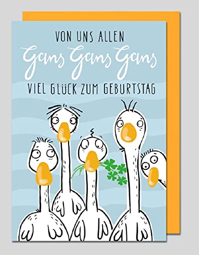 Michel-Verlag Humorkarte für Geburtstagswünsche einer Gruppe. VON UNS ALLEN GANS,GANS,GANS VIEL GLÜCK ZUM GEBURTSTAG. Klappkarte incl. farblich passendem Briefumschlag. von Michel-Verlag