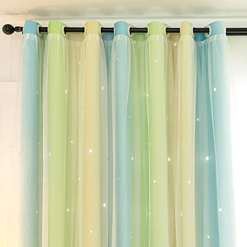 Michorinee 1 Stücke Vorhang Kinderzimmer Farbverlauf Hohle Sterne Verdunkelungsvorhang Blickdicht Gardine Prinzessin Kräuselband Ösenschal Voile Blau Gelb für Mädchenzimmer 210 × 132cm (H × B) von Michorinee