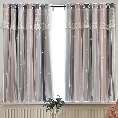 Michorinee Gardinen Kinderzimmer Blickdicht Vorhang Mädchen Hohle Sterne Verdunkelung Farbverlauf Ösenschal Spitze Voile Rosa Grau für Mädchenzimmer, 1 Stücke 240 × 132cm (H × B) von Michorinee