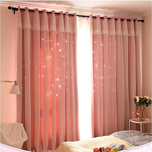 Michorinee Kinderzimmer Gardinen Mädchen Vorhang Hohle Sterne Prinzessin Verdunkelung Kräuselband Blickdicht Ösenschal Spitze Voile Rosa für Mädchenzimmer 240 × 132cm (H × B) von Michorinee