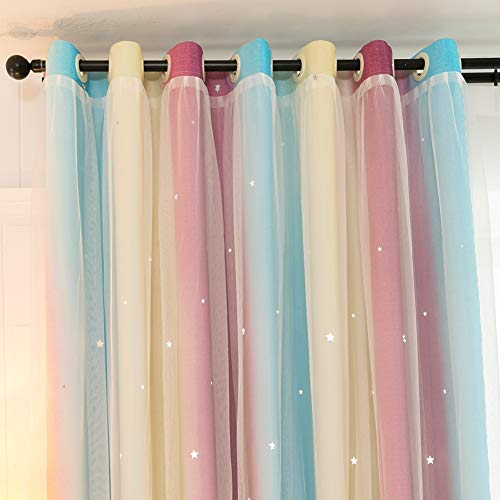 Michorinee Vorhang Kinderzimmer Farbverlauf Hohle Sterne Verdunkelungsvorhang Blickdicht Gardine Regenbogen Kräuselband Ösenschal Voile Blau Violett für Mädchenzimmer, 1 Stücke 158 × 132cm (H × B) von Michorinee