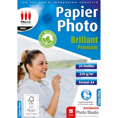 Micro Application - Glänzendes Premium-Fotopapier – 220 g/m² – 20 Blatt – DIN A4 – 100% recycelbar – FSC-zertifiziertes Papier – ohne Polyethylen – Zero Plastikverpackung Micro Application - Glänzendes Premium-Fotopapier – 220 g/m² – 20 Blatt – DIN A4 – 100% recycelbar – FSC-zertifiziertes Papier – ohne Polyethylen – Zero Plastikverpackung von Micro Application