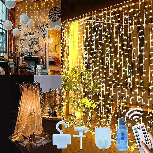 Microwear Lichtervorhang,3mx3m 300LEDs USB Lichterkette Vorhang mit 8 Leuchtmodi Wasserdicht LED Lichterkette innen außen Ideal für Partydekoration deko schlafzimmer,Innenbeleuchtung von Microwear