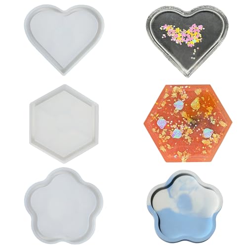 Midnadiy 3-teiliges Silikon-Tablett-Formen-Set, Herz-Blumen-Harz-Tablett, Rolltablett-Formen für Epoxidharz, Schmucktablett, DIY-Untersetzer, Heimdekoration von Midnadiy