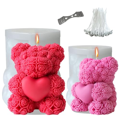 Midnadiy 3D-Bär-Silikonformen, Rosenbär-Kerzenform, Blumenbär-Kerzen-Silikonform, Gießformen, DIY-Kerzenformen für selbstgemachte Seifen, Geschenke zum Valentinstag, Geburtstagsgeschenke（S+M） von Midnadiy