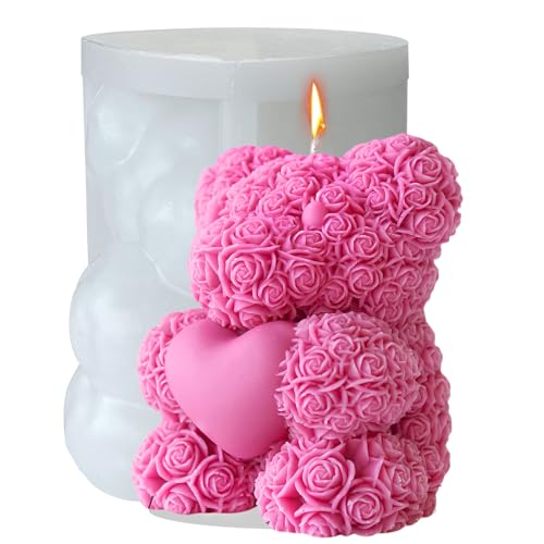 Midnadiy 3D-Bär-Silikonformen, Rosenbär-Kerzenform, Blumenbär-Kerzen-Silikonform, Gießformen, DIY-Kerzenformen für selbstgemachte Seifen, Geschenke zum Valentinstag, Geburtstagsgeschenke（klein ） von Midnadiy