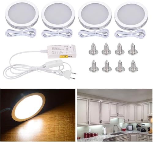 Midore LED Schrankbeleuchtung Unterbauleuchte 4er Set 10W Vitrinenbeleuchtung Rund Kabinett Beleuchtung mit Stecker und 3M Kleber für Kleiderschrank, Weinschrank, Küche Midore LED Schrankbeleuchtung Unterbauleuchte 4er Set 10W Vitrinenbeleuchtung Rund Kabinett Beleuchtung mit Stecker und 3M Kleber für Kleiderschrank, Weinschrank, Küche von Midore