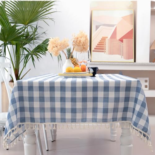 Midsummer Breeze Karierte rechteckige Tischdecke, schweres Gewicht, knitterfrei, Baumwoll-Leinen-Tischdecke, Plaid-Tischdecke für Frühling, Sommer, Picknick, Küche, Outdoor-Party (55 x 70, blau) von Midsummer Breeze