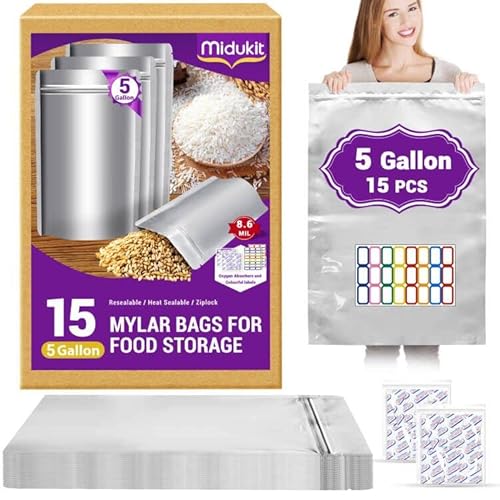 Midukit Mylar Bags Zur Langfristige Lagerung Aufbewahrung Von Lebensmitteln 5 Gallon, 43.5 x 71 CM, 8,6 Mil, Mylar Beutel Mit Sauerstoffabsorbern, 40000 CC, Heißsiegelbar, Reißverschluss, 15 Stück Midukit Mylar Bags Zur Langfristige Lagerung Aufbewahrung Von Lebensmitteln 5 Gallon, 43.5 x 71 CM, 8,6 Mil, Mylar Beutel Mit Sauerstoffabsorbern, 40000 CC, Heißsiegelbar, Reißverschluss, 15 Stück von Midukit
