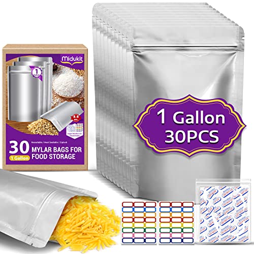 Midukit Mylar bags zur langfristige Lagerung Aufbewahrung von Lebensmitteln, 25 x 35 cm, 8,6 Mil, Mylar Beutel mit Sauerstoffabsorbern, 20000cc + Etiketten, heißsiegelbar, Reißverschluss, 30 Stück von Midukit