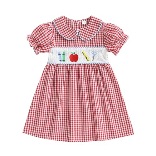 Kinder Mädchen Back to School Kleid Brief Stickerei Plaid Puppe Kragen Kurzarm Kleid für Kleinkind Süße Kleidung, Rot/Ausflug, einfarbig (Getaway Solids), 6-7 Jahre von Mieeyali