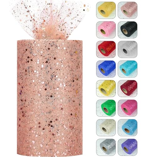 Glitzernde Tüllrollen, 15,2 cm x 45,7 m, glitzernde Tüllspule, Pailletten-Tüllnetzstoff für Tutu, Rock, Hochzeit, Geburtstag, Babyparty, Roségold von Miegecha