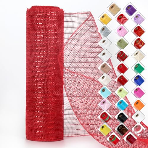 Miegecha Netzband für Kränze, 25,4 cm x 9,2 m, Oster-Netzband mit glänzender Metallic-Folie für Ostern, Weihnachten, Party, Hochzeit, Heimdekoration, Bastelprojekte und Geschenkverpackungen (rot) von Miegecha