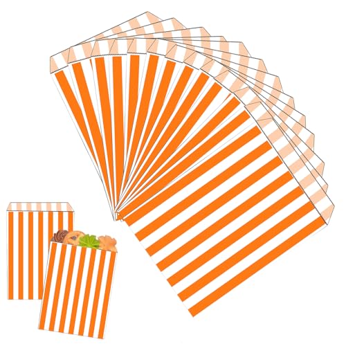 100 Orange Gestreifte Papiertüten, 12x18cm, SchenkePapiertüten, Schokolade, Bonbons und Plätzchen Für Kinder,Pommes und Dergleichen, Feten Für die Weihnachtsfeier und die Geburtstage. von Mienocol