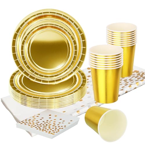 Gold Partygeschirr,69 Stück Gold Pappteller Set Pappteller, Pappbecher,Servietten und Tischdecke,Goldenen Geburtstag Party Geschirr,Tischdekoration für Hochzeitsfeiern Gold Partygeschirr,69 Stück Gold Pappteller Set Pappteller, Pappbecher,Servietten und Tischdecke,Goldenen Geburtstag Party Geschirr,Tischdekoration für Hochzeitsfeiern von Mienocol