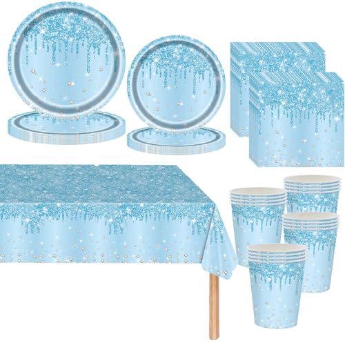 Hellblau Partygeschirr,81 Stück Baby Blau Diamant Pappteller Set Pappteller, Pappbecher,Servietten und Tischdecke,Bling Hellblau Geburtstag Party Geschirr Tischdekoration für Hochzeitsfeiern von Mienocol